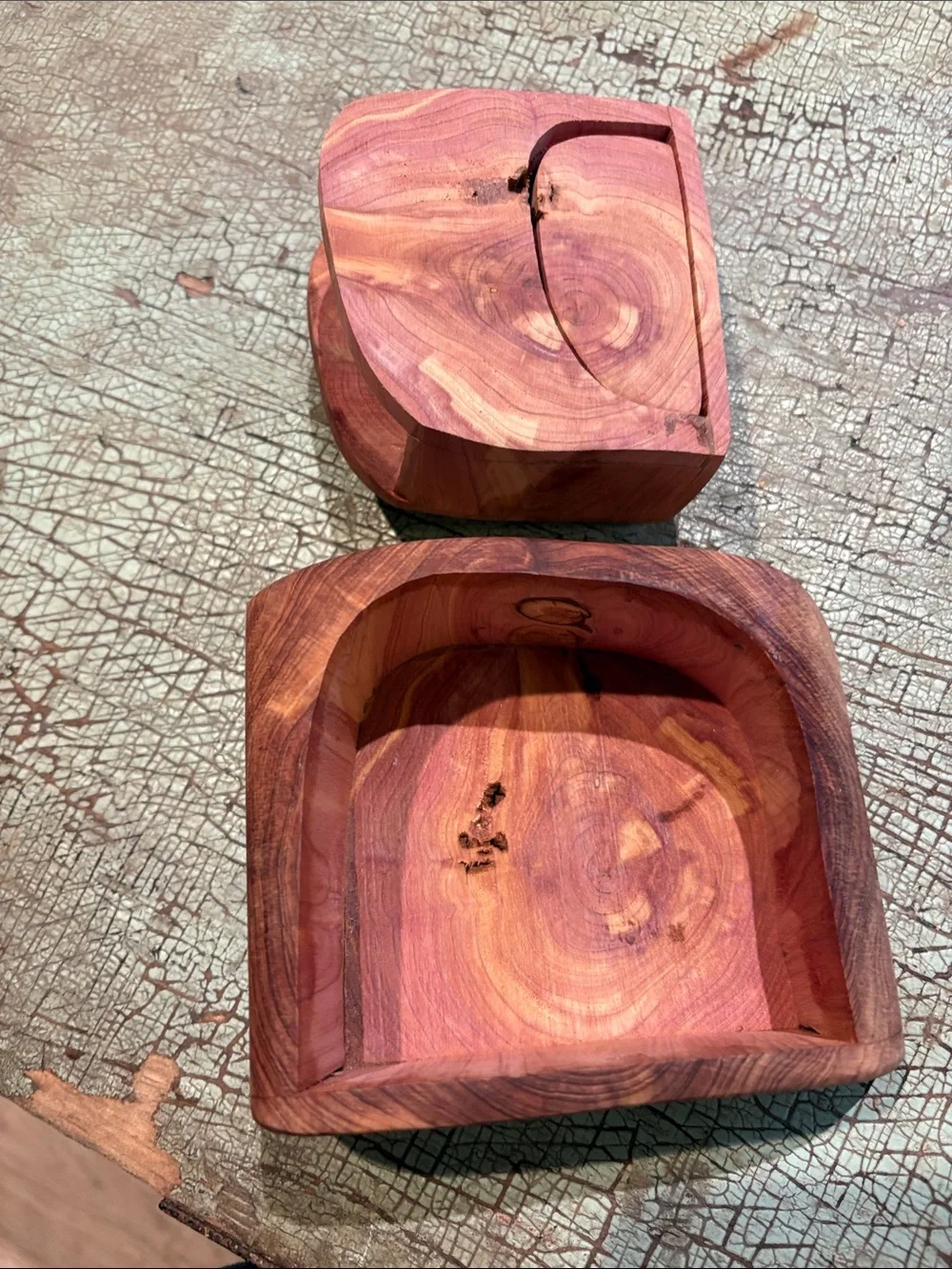 Hand Carved Cedar Wood Secret Compartment Trinket Box Rustic Artisan Keepsake